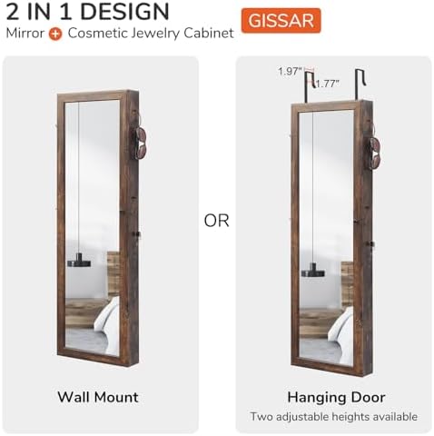 GISSAR Jewelry Mirror Armoire Wall Mount Over The Door Mirror Jewelry Cabinet Storage Mirror Organizer Lockable Full Length Door Mirror,Vintage Brown, GMJ2003V - Image 7