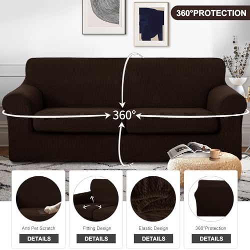 U-NICE HOME 3 Pieces Stretch Couch Cover Sofa Slipcover, Chocolate - Image 4