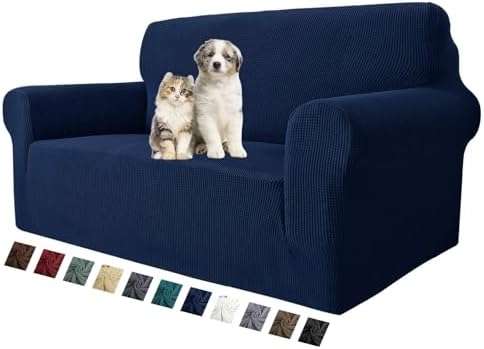 MAXIJIN Stretch Loveseat Sofa Slipcovers 1 piece Love Seat Couch Covers for 2 Cushion Couch Non Slip Sofa Cover Washable Dog Cat Proof Furniture Protector Pet Friendly (Loveseat, Navy Blue) by MAXIJIN
