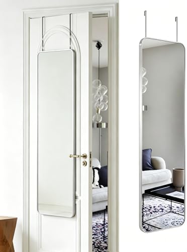 DMWOODFL 48"x14" Rounded Rectangle Over The Door Mirror - Full Length Tempered Glass & Aluminum Frame, No Drill Installation for Bedroom, Bathroom, Closet, Entryway (Silver White) by DMWOODFL