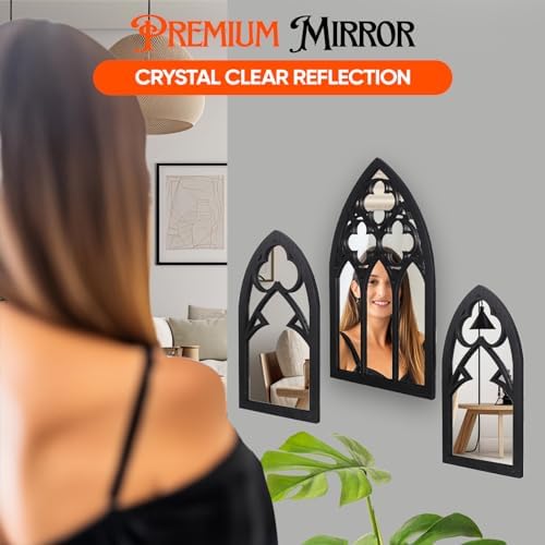 Gothic Mirrors Wall Decor - 3 Piece Set 15.8 Inch Gothic Furniture Cathedral Mirrors - Halloween Decor for Bathroom and Kitchen - Goth Accessories for Bedroom - Witchy Gifts for Women - Image 5