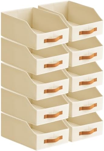 Homsorout Fabric Storage Bins for Organizing - 10 Pack Large Trapezoid Collapsible Storage Bins with Front Handle, Closet Organizers and Storage for Bedroom, Home Shelves, Small Spaces, Beige by Homsorout