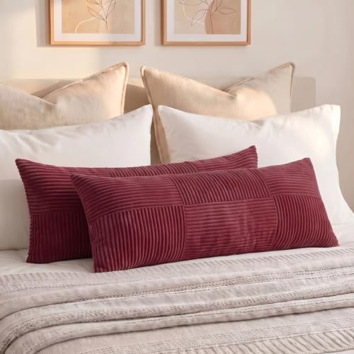 Fancy Homi Set of 2 Burgundy Boho Long Lumbar Body Decorative Throw Pillow Cover 14x36 Inch for Bed Couch Bedroom Bench, Soft Patchwork Corduroy Textured Pillow Case, Rustic Farmhouse Room Décor by Fancy+Homi