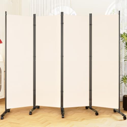 SUNALLY Room Divider Privacy Screens, 4 Panels Dividers with Wheels, Beige by SUNALLY
