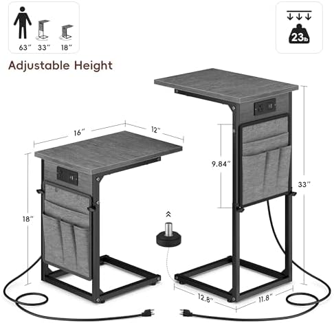 Vagusicc C-Shaped End Tables Set of 2 with Charging Station, 33'' Tall C Table Adjustable Height Side Table for Couch, Small Couch Table that Slide Under Sofa, TV Trays for Living Room, Gray Walnut - Image 3