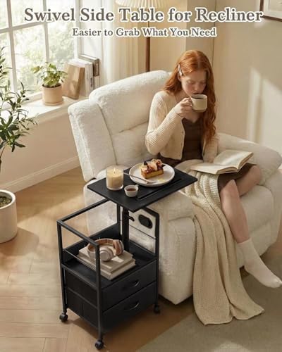 Faesun Swivel Lift Top Nightstand with Charging Station, Rolling Side Table for Recliner, Bedside Table with Wheels & 2 Fabric Drawers, for Small Spaces, for Bedroom, Living Room, Black - Image 5