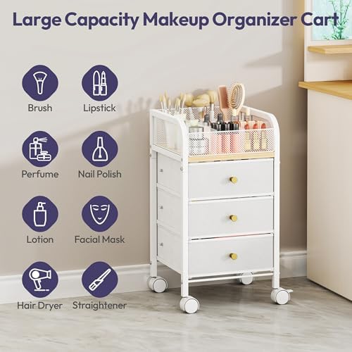 SWTYMIKI Rolling Makeup Organizer Cart - Under Desk Vanity Makeup Storage with 3 Non-woven Drawers, Nail Cart Organizer Cosmetic Display Cases Cabinet for Skin Care Perfume Nail Polish Brush Hair Tool - Image 6