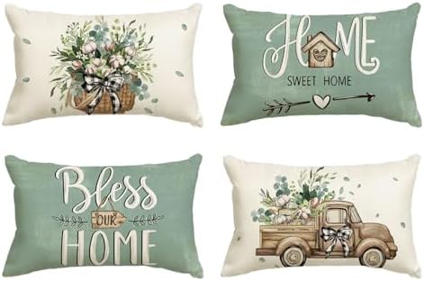 AVOIN colorlife Bless Our Home Farmhouse Eucalyptus Leaves Throw Pillow Covers, 12 x 20 Inch Blue Truck Home Sweet Cushion Case Decorations Set of 4 by AVOINcolorlife