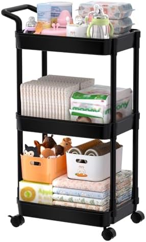 Volnamal Diaper Caddy, 3 Tier Rolling Cart for Baby Essentials, Black by Volnamal