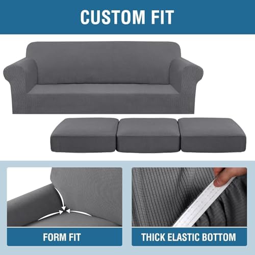 H.VERSAILTEX 4 Piece Stretch Sofa Covers for 3 Cushion Couch Covers for Living Room Furniture Slipcovers (Base Cover Plus 3 Seat Cushion Covers) Thicker Jacquard Fabric (Large Sofa, Grey) - Image 4