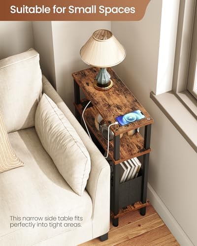 CHOEZON Set of 2 End Tables with Charging Station, Narrow Side Table for Small Spaces, Slim Nightstand with Basket, Skinny Bedside Table, for Living Room, Bedroom, Rustic Brown and Black TBZ07UP2BF - Image 5