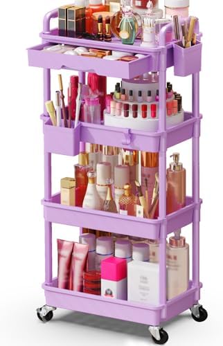 SUNALLY Makeup Cart Organizer with Drawer,4 Tier Rolling Makeup Cart,Purple by SUNALLY