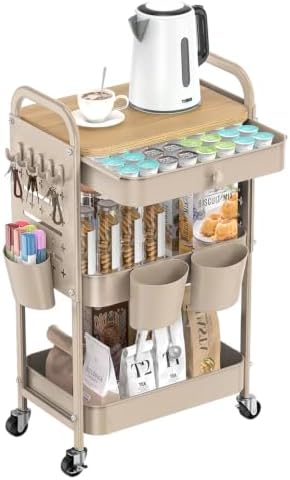 ALVOROG 3 Tier Metal Rolling Cart with Drawer,Wood Top,Pegboards,Khaki by ALVOROG