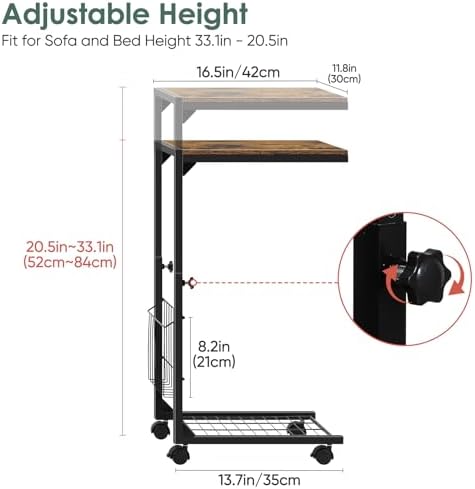 C Shaped Side Table Small End Table with Wheels Slide Under Couch Table for Sofa C Table with Metal Frame Adjustable Height Sofa Table for Living Room Bedroom Small Space, Rustic Brown - Image 2