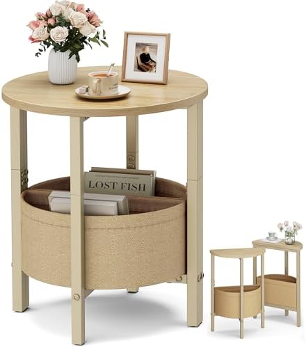 Vagusicc Small Round Side Table End Table, Tall Accent Table with Storage Basket, Set of 2 Half Round Tables Half Moon Tables, Coffee Bedside Tables, Modern Nightstand for Living Room Bedroom,Natural by Vagusicc