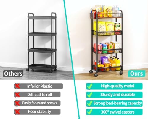 HapiRm 4 Tier Metal Rolling Cart- Utility Storage Cart with Locking Wheels - Image 3