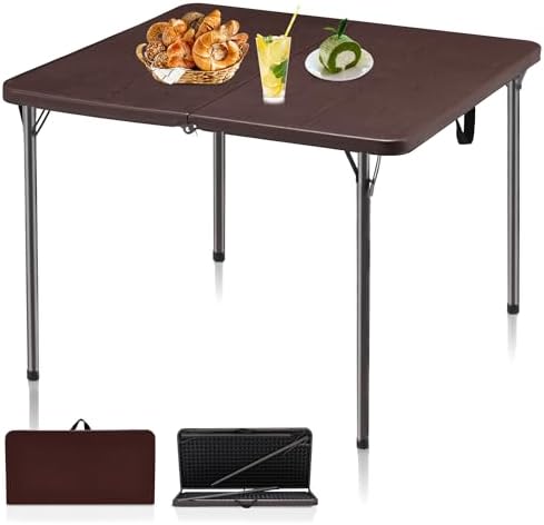 Kasunpul 34" Folding Table, Portable Square Folding Card Table with Collapsible Legs & Carrying Handle, Plastic Tables for Camping,Picnic, Office, Party, Brown by KASUNPULGIVEYOUANEWLIFE
