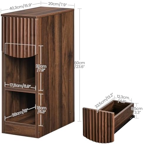 CHOEZON Narrow Fluted Nightstand, Slim Nightstand with Drawer and Open Shelves, 7.9" Skinny Side Table, Bedside Table for Small Spaces, Floating End Table for Bedroom, Living Room, Walnut MBZ18HT - Image 2