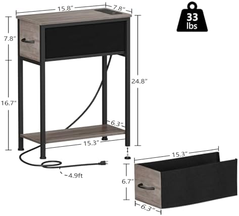 Vagusicc End Table Set of 2 with Charging Station, Narrow Side Table Nightstand with Fabric Drawer, Slim Nightstand for Bedroom, Small Bedside Table, Slim Sofa Side Table for Small Spaces, Greige - Image 3