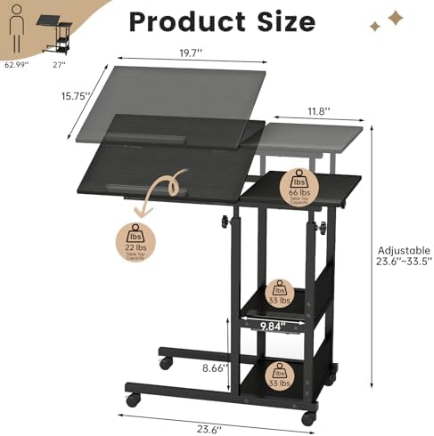 Hadulcet Adjustable C Table with Charging Station, Tiltable Desk C Shaped End Table for Couch, Over Bed Stand with Wheels Adjustable Height, Hospital Table Laptop Stand Drawing Desk, Black - Image 2