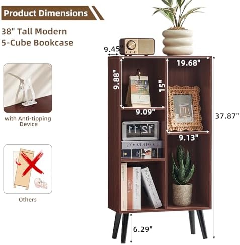 LEYAOYAO 5 Cube Bookshelf, Mid-Century Modern Book Shelf with Legs, Walnut - Image 2