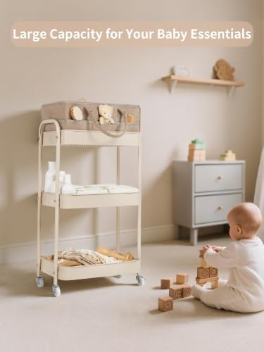 Fortella Baby Diaper Caddy, 3 Tier Rolling Cart for Baby Essentials, Taupe - Image 2