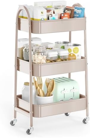 EAGMAK 3 Tier Utility Rolling Cart, Metal Storage Cart with Handle and Lockable Wheels, Multifunctional Storage Organizer Trolley with Mesh Baskets for Kitchen, Living Room, Office, Garage (Beige) by EAGMAK