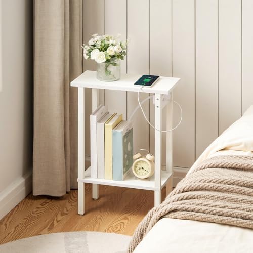HOOBRO Narrow Side Table, 2-Tier Slim End Table with Charging Station, Skinny Nightstand with Open Storage, for Small Spaces, Living Room, Bedroom, Study, White WT240UBZ01 - Image 5