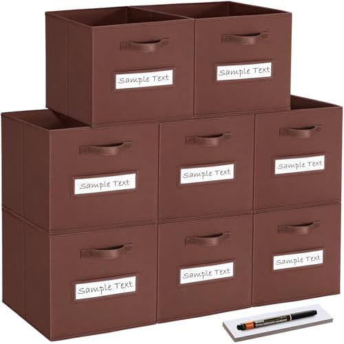 13x13x13 Storage cube bins(Set of 8) Fabric storage cubes with 8 Labels Window Cards & a Pen, Storage cubes 13x13, Collapsible 13 inch Cube storage bins, Cubby Organizer Boxes, Brown by Artsdi