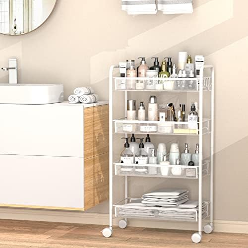 4-Tier Mesh Rolling Cart - 35 BLS/Tier Full Metal Cart with Wheel & 4 Hooks - Image 4