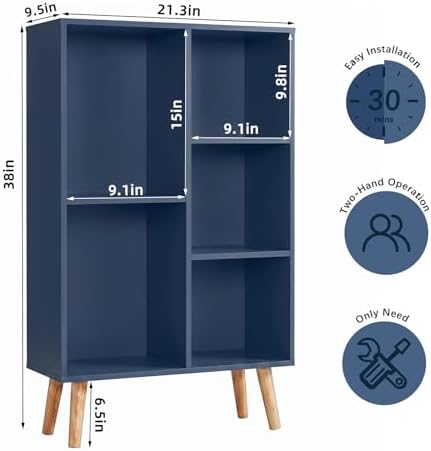 YAHARBO Small Dark Blue Bookshelf,3 Tier Modern Kids Bookcase with Legs,5 Cube Wooden Bookshelves Storage Shelf,Book Shelves Organizer,Display Bookcases Cabinet for Room Nursery Study - Image 2