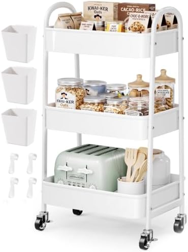 Heavy Duty 3 Tier Rolling Cart Metal with Wheels, White Three Tiered Shelf by Unknown