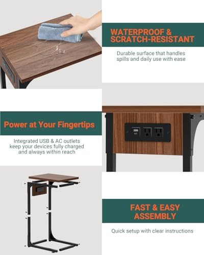 C-Shaped Side Table for Couch - Small Coffee Stand Sofa Tray Desk with Metal Frame Waterproof Scratch Resistant Wood Top and Built-in Charging Station, Rustic Walnut - Image 3