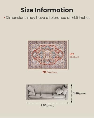 AMADA HOMEFURNISHING 5x7 Area Rugs, Washable Living Room Rug Low-Profile with Non-Slip Backing & Durable Edge Binding, Vintage 5x7 Rugs for Living Room, Bedroom, Dinning Room - Image 2