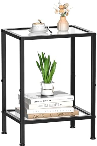 Glass Side Table, Tempered Glass End Table, 2-Tier Nightstands with Open Shelves, Small Coffee Table with Modern Style, Accent Table Small Table Sofa Table for Living Room, Bedroom,Black by HOME