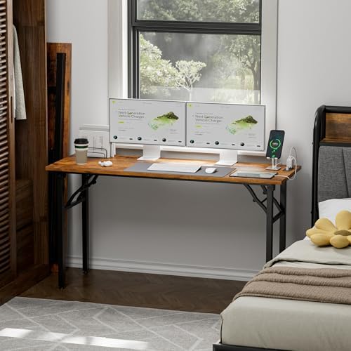 1TEMI Long Computer Desk Folding Table - No Assembly, Compact 55.1" Foldable Desk with Power Outlets & USB Charging Port, Portable Lagre Office Desk, Ideal Large Study Table for Narrow Spaces, Brown - Image 2