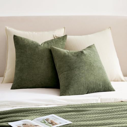 MIULEE Olive Green Chenille Couch Euro Throw Pillow Covers, 22x22 - Image 4