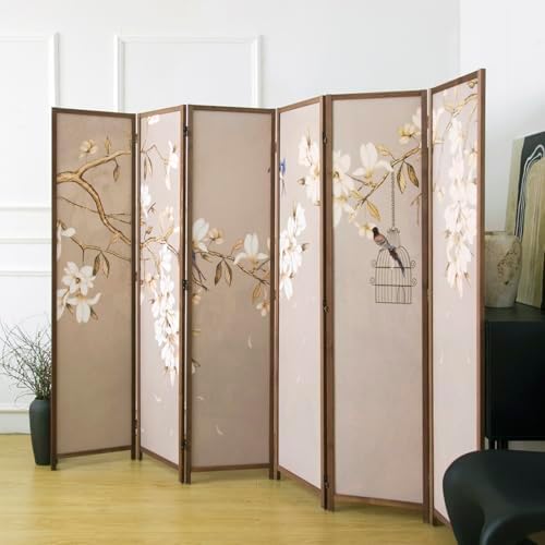 6 Panel Room Divider, 5.6 ft Tall Blackout Folding Privacy Screen - Freestanding Partition Wall with Double-Sided Patterns, Graceful Floral and Bird Artwork for Home Office (67" H x 94.5" W) by PawlaBay