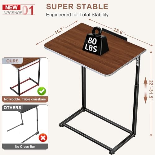Tv Tray Table,Extra Large Dinner Food Tray Table,Couch & Bed Eating Desk,Heavy Duty Folding Laptop Side Table with 8Height&90° Tilt Adjustable,C-Shaped End Table with Phone/Tablet Slot Walnut - Image 2