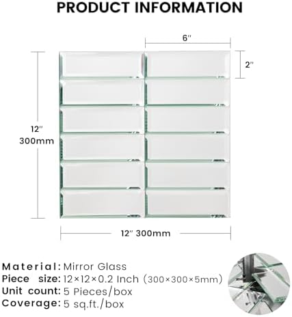 Peel and Stick Mirror Glass Mosaic Tile Self Adhesive 12 x 12 Inch Strip Beveled Mirror Tiles for Kitchen Backsplash Bathroom Wall(5 Sheets, Silver) - Image 3