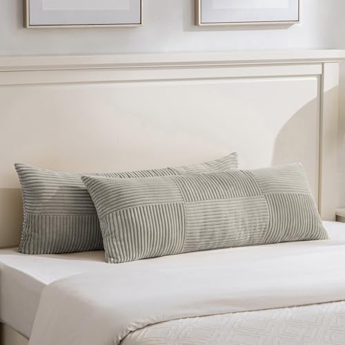 Fancy Homi Set of 2 Neutral Grey Boho Long Lumbar Body Decorative Throw Pillow Cover 14x36 Inch for Bed Couch Bedroom Bench, Soft Patchwork Corduroy Textured Pillow Case, Rustic Farmhouse Room Décor by Fancy+Homi