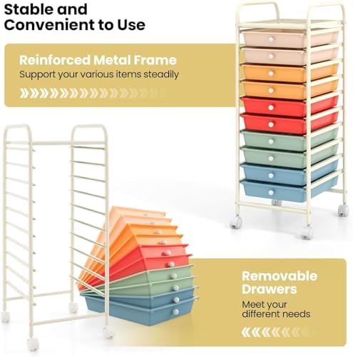 10-Drawer Rolling Storage Cart, Trolley w/Lockable 360° Wheels, 10 Removable PP Drawers, Sturdy Metal Frame, Rolling Utility Cart Perfect for Home, Office, Classroom (Macaron) - Image 5