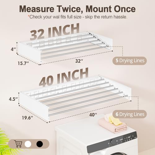 Wall Mounted Clothes Drying Rack Folding Indoor, Foldable Laundry Drying Rack Collapsible,Invisible, Space Saving, Retractable Towel Drying Rack, with Wall Template(6 Drying Rods, White 40") - Image 3