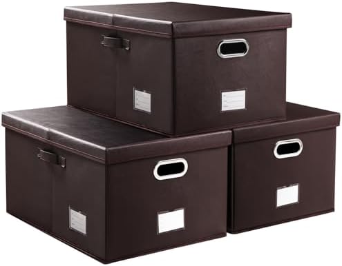 PRANDOM Collapsible Storage Box with Lid [3-Pack] Leather Fabric Foldable Storage Bin Organizer Container Basket Cube with Cover for Home Bedroom Closet Office Nursery Brown(22.8X15.7X11.8) by Prandom