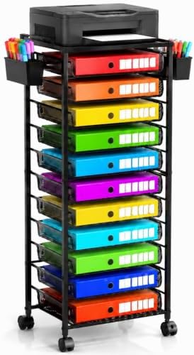 Ekisemio 11-Tier Rolling File Cart, Mobile Desk-Side Organizer with Top Shelf and Side Baskets, Wire Storage Rack for Letter Folders, Home Office & School, Black by Ekisemio
