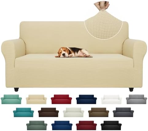 ZNSAYOTX Super Stretch Couch Cover (72"-92") Universal Sofa Covers with Elastic Bottom, Dog Cat Pets Friendly Washable Furniture Protector Fitted Sofa Slipcovers Stay in Place (Beige, Sofa) by ZNSAYOTX