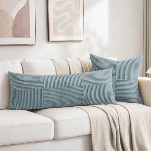 Fancy Homi Set of 2 Light Blue Decorative Throw Pillow Covers 16x16 Inch for Living Room Couch Bed, Rustic Farmhouse Boho Home Decor, Soft Striped Corduroy Textured Square Cushion Case 40x40 cm - Image 5