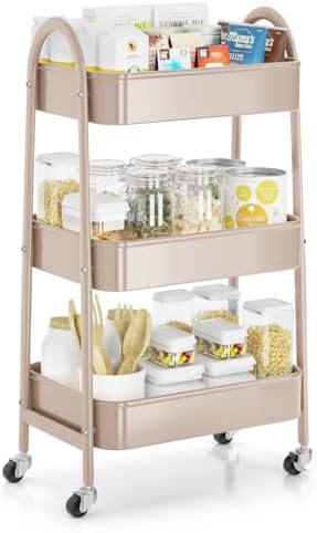 EAGMAK 3 Tier Rolling Cart, Large Metal Storage Cart with Handle and Lockable Wheels, Big Multifunctional Storage Organizer Trolley with Mesh Baskets for Kitchen, Living Room, Office, Garage (Beige) by EAGMAK