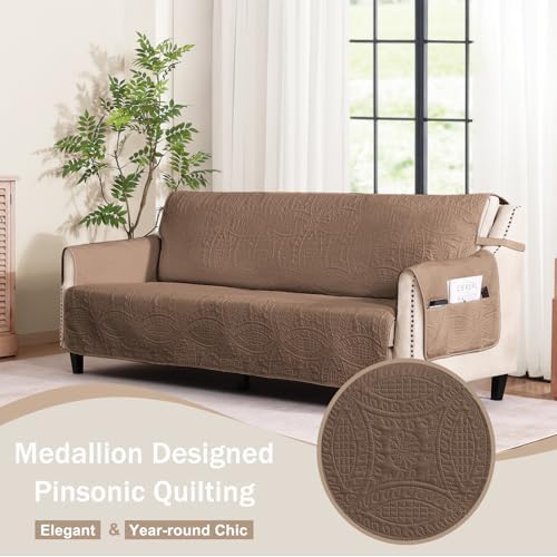 Quilted Raw Umber Sofa Slipcovers with Pockets, Anti-Slip Camel Couch Covers for Sofa, Couch Cover for Dogs Cats Water-Repellent Machine Washable (Large Sofa 68", Raw Umber) - Image 2