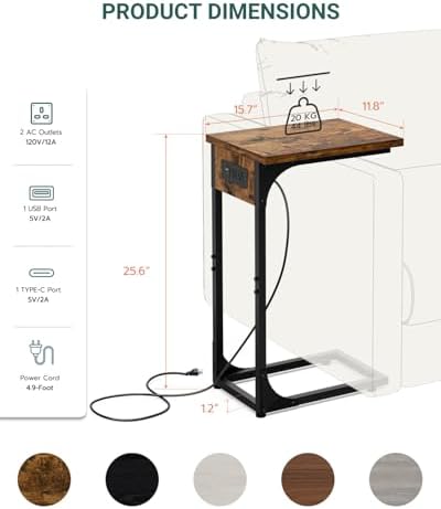 C-Shaped Side Table for Couch - Small Coffee Stand Sofa Tray Desk with Metal Frame Waterproof Scratch Resistant Wood Top and Built-in Charging Station, Rustic Brown - Image 2